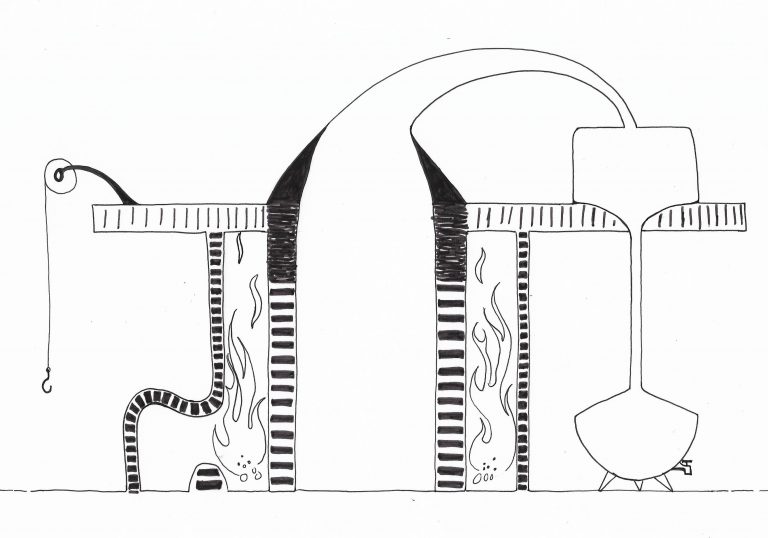Dessin en coupe de fours à Cade pour un article sur le Genevrier Cade pour la revue la Garance Voyageuse, feutre