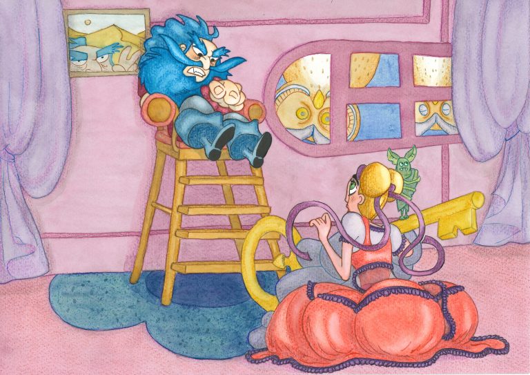 Illustration à l’aquarelle d’une scène du conte de Barbe-Bleue