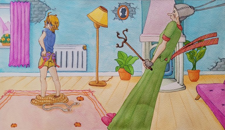 Illustration en aquarelle traditionnelle de double-page du roman Un Bon Petit Diable