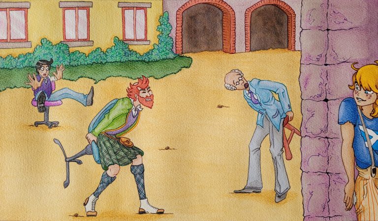 Illustration en aquarelle traditionnelle de double-page du roman Un Bon Petit Diable