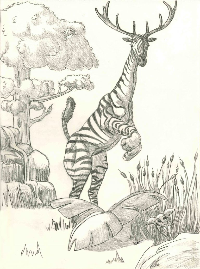  Cerf-zèbre imaginaire, esquisse au crayon