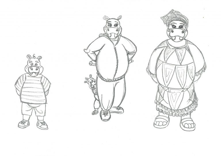 Esquisses au crayon pour l’illustration du petit hippopotame