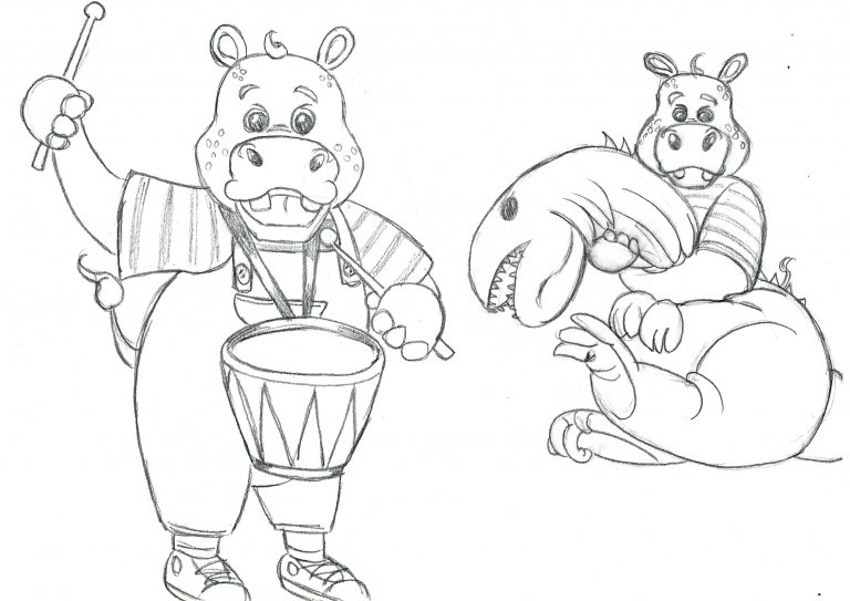 Esquisses au crayon pour l’illustration du petit hippopotame